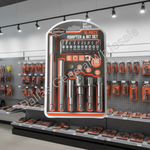 Horrady 1/4-inch adapter and bit set in retail packaging, displayed on a store shelf with other tools in the background.
