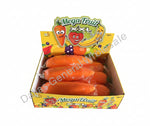 Box of Mega Mini XIXL toys with colorful packaging featuring fruits and vegetables.