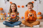 Two children sitting cross-legged on a white carpet in a Halloween-themed room, each holding a plush orange pumpkin toy with googly eyes and a purple mouth. The girl wears a striped long-sleeve shirt and jeans, and the boy wears an orange hoodie and matching pants.