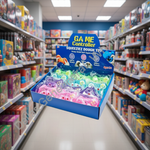 A blue retail display box filled with colorful squeezez dough toys, shown floating in front of a blurred toy store aisle background. The display card reads 'GAME Controller' and 'Squeeziez Dough TTY' with the brand name 'SqueezieZ' visible.