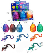 A retail display box and individual views of colorful 3D dragon toy eggs and their corresponding toy dragons on a white background, with dimension callouts showing size measurements.