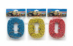 Three coiled braided rope lines in blue, green, and red patterns, each in its own clear plastic packaging with a blue cardboard header card, laid out on a gray concrete floor.