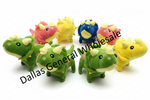 A collection of colorful battery-operated plush toy dinosaurs, specifically triceratops, displayed with a leash.