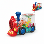 A colorful children's toy train set shown on a white background, with a large close-up of the front of the train and a smaller inset view in the upper right showing the full toy inside a clear box. The train has a red front, blue wheels and smokestack, a transparent body, and visible internal gears and mechanisms in multiple bright colors.