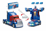 A 2-in-1 remote control toy truck shown in both its semi-truck and robot car modes, alongside its product packaging box and feature icons indicating light and voice control. The truck features a blue and red cab design with silver wheels and multicolor LED lights.