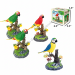 Wholesale Sound & Motion Activated Singing Parrots displayed on a tree branch with LED lights, multicolored feathers, and a packaging box.