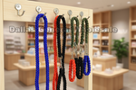 Five braided rope dog leashes in blue, red, black, green, and dark blue hang from silver wall hooks on a light wood display stand. The background shows a blurred retail store interior with wooden shelves and tables.