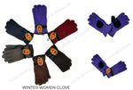 A collection of unisex winter casual fleece gloves in various colors including black, purple, red, navy blue, tan, and brown, with elastic cuffs and a central logo displayed.