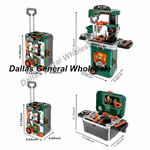 A toy workbench playset shown in four views with dimension labels on a white background. The set includes a green and gray rolling toolbox, a workbench with tools, and an open toolbox view.
