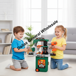 Two children kneeling on a white carpet in a bright living room, playing with a green and orange toy workbench set. The boy wears a blue shirt and gray shorts, and the girl wears a yellow shirt and blue jeans.