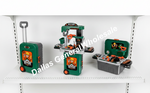 Three toy construction work trucks and tool sets displayed on a white metal shelf. The products are green and gray with orange accents and feature a 'ROTOR' brand logo on the vehicles and toolboxes.