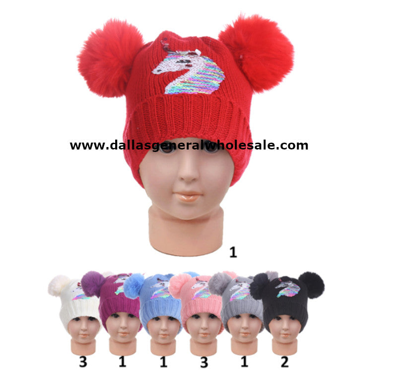 Little Girls Unicorn Double Pom Pom Beanie Hats Wholesale