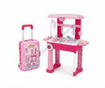 A pink toy doctor playset consisting of a small wheeled suitcase and a matching doctor's office desk with medical accessories, shown on a white background.