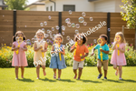 Six children running and playing with bubbles in a sunny backyard on a green lawn, with a wooden fence and flowers in the background. A large semi-transparent watermark reading 'Dals General Wholesale' is overlaid across the center.