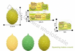 Three durian-shaped squishy toys in yellow and green with dimension callouts showing the product size, plus retail packaging and a diagonal 'Dollara General Wholesale' watermark across the image.