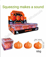 A Halloween-themed squishy toy set featuring three orange pumpkin-shaped squeezable toys and a matching display box, with text reading 'Squeezing makes a sound' and size measurements shown below.