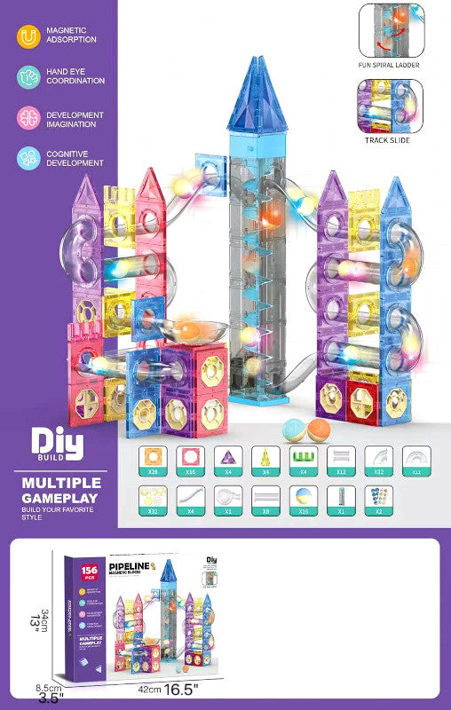 Colorful building block set with educational features on a purple background