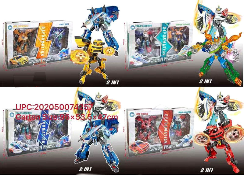 Transforming toy figures with packaging on a dark background