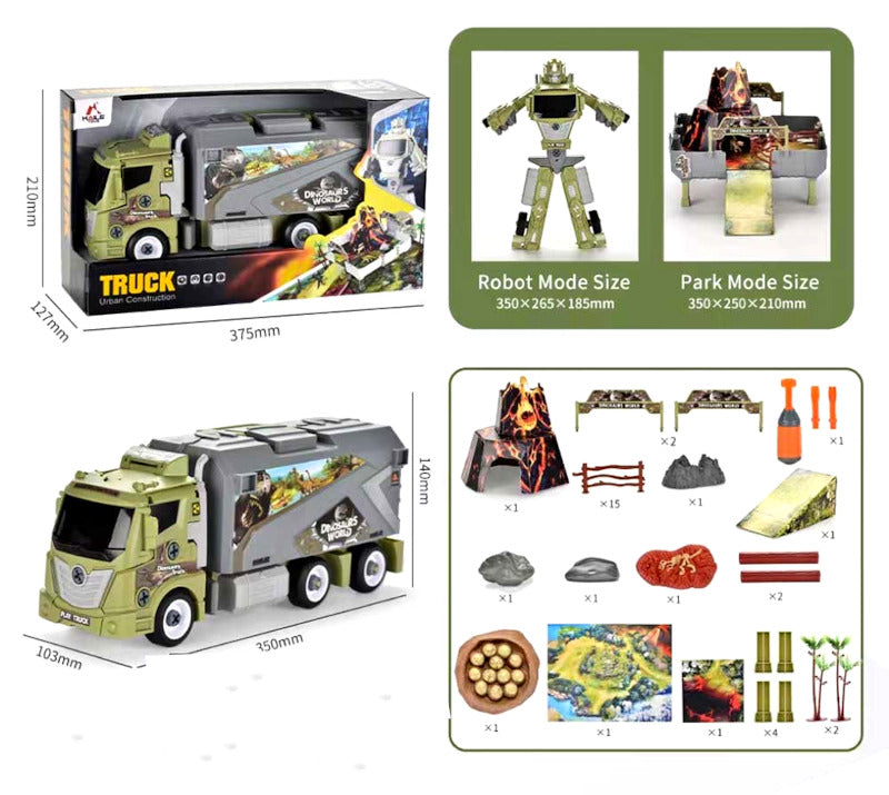 Toy truck with transforming robot features, packaging, and mode size chart on a white background.
