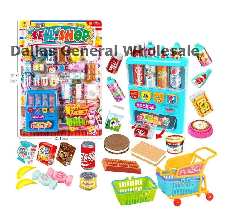 Toy set with packaging labeled 'Sell Shop' featuring a toy supermarket and various items on a white background.