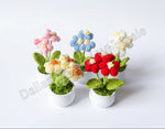 Three colorful knitted flower bouquets in white pots on a white background