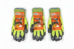 Three pairs of neon green gloves with black cuffs on a white background