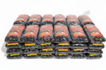Stack of red and black packages with yellow labels on a white background