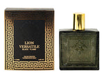 A men's Eau de Toilette spray bottle with black and gold packaging, labeled 'LION VERSATILE BLACK FLAME'. The bottle is displayed next to its box, which has a similar design.