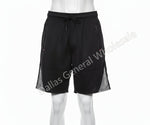 Black shorts with sheer panels on a white mannequin against a white background