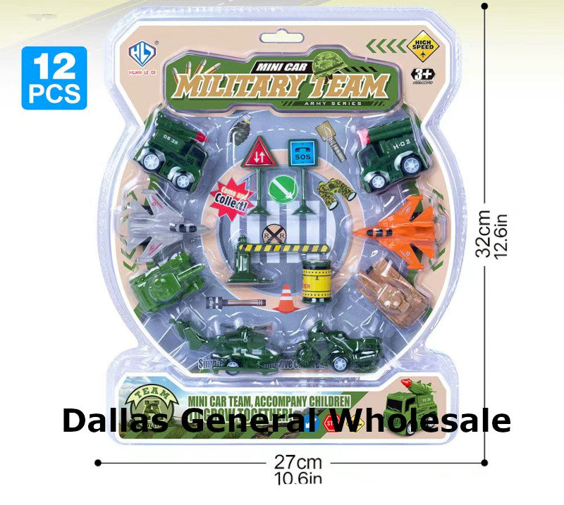 Toy set packaging with mini cars and accessories, labeled '12 PCS' and 'Dallas General Wholesale'.