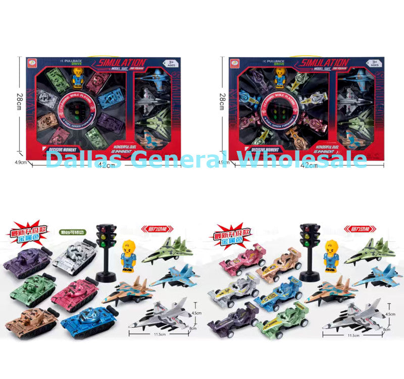 Toy vehicle set with packaging and miniature models on a white background, featuring Dallas General Wholesale branding.