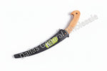 Curved blade tool with wooden handle on a white background