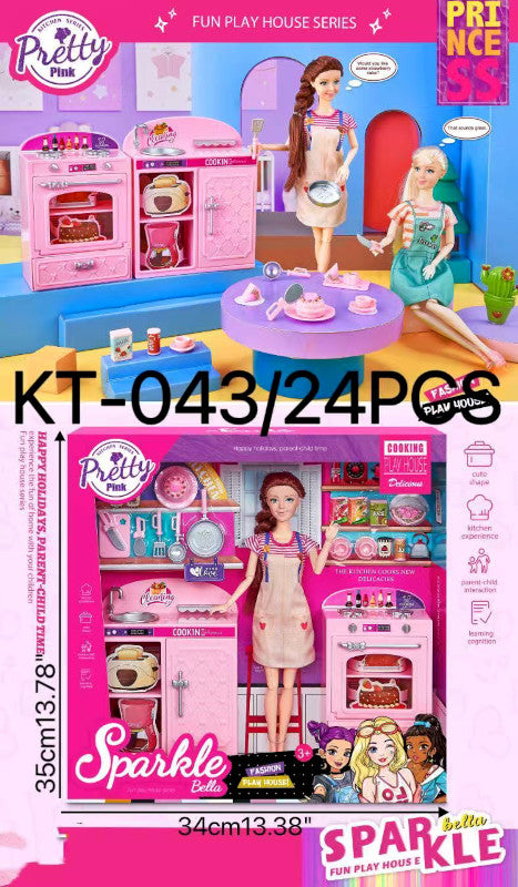 Toy playhouse set with dolls and accessories, featuring 'Pretty Pink' branding.