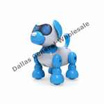 A blue and white robotic dog toy with articulated legs and black mesh eyes, shown on a white background with a diagonal 'Dallas General Wholesale' watermark.