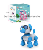 Toy robot dog with packaging and dimensions displayed, branded 'Dallas General Wholesale'.