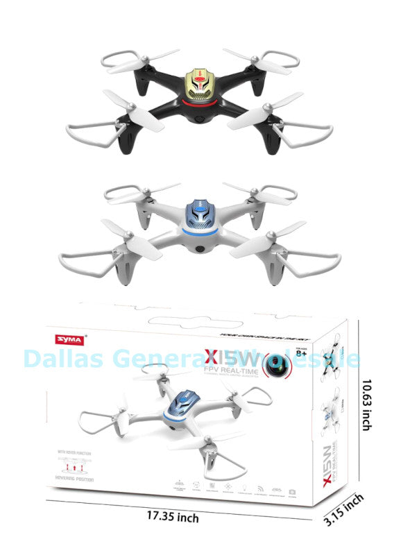 Two drones with a box displaying dimensions and brand name on a white background