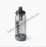 Clear water bottle with black lid and 'splash' branding on a white background