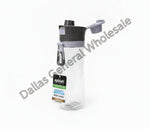 Clear water bottle with black cap and label on a white background