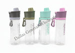 Four transparent water bottles with colored caps on a white background, branded 'Luminar'.