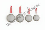 Four metal strainers with red handles on a white background, branded 'Dallas General Wholesale'.