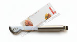 Metallic kitchen utensil with a branded card on a white background