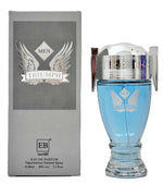 Blue perfume bottle with silver cap and 'Triumph' packaging next to it
