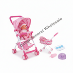 Pink doll stroller toy set with a baby doll, a small toy shopping cart, a bottle, a diaper, and a purple lid, shown on a white background with a diagonal 'Dallas General Wholesale' watermark.