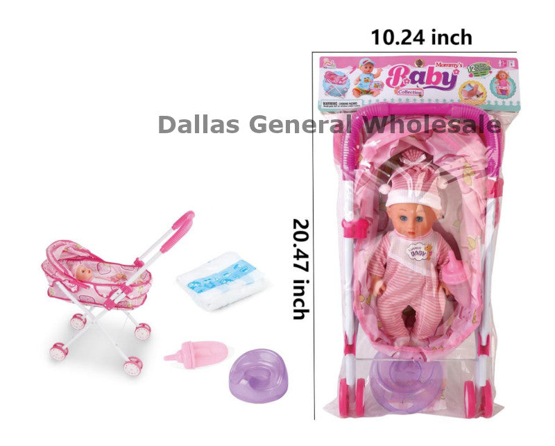 Baby doll set with accessories and packaging on a white background, labeled 'Dallas General Wholesale'.