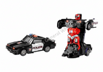 A toy police car and its transformed robot form, shown on a plain white background. The car is black with white POLICE lettering and red/blue emergency lights, while the robot is red, black, and silver with police-themed details.