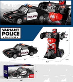 The image shows a toy robot car in both police car and robot modes. It is predominantly black with red and silver accents.