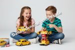 An electronic toy transform robot buggy car in yellow, with a robot mode shown alongside the toy car. The product is depicted with dimensions and is packaged in a box.