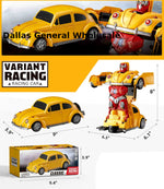 An electronic toy transform robot buggy car in yellow, with a robot mode shown alongside the toy car. The product is depicted with dimensions and is packaged in a box.
