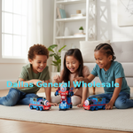 Three children sitting on a rug in a bright living room, playing with small toy trains and a toy robot. A large text overlay reads 'Dallas General Wholesale' across the center.