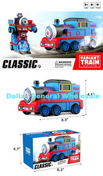 The image shows a toy train set that transforms into a robot. The set includes blue, red, and black toy cars with flashing lights, and a gray base.